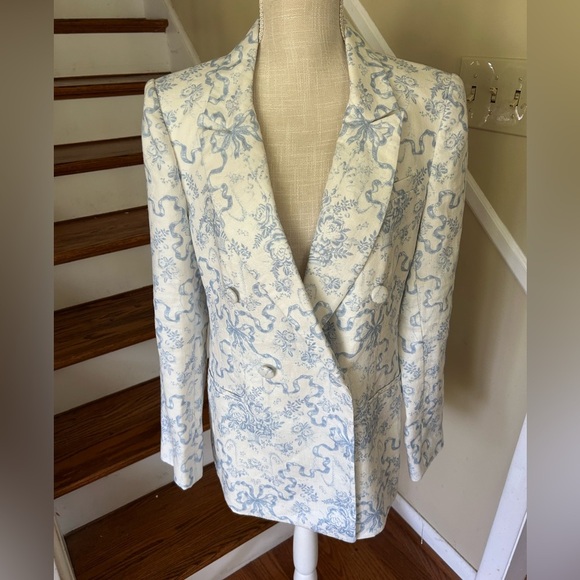 NWT LoveShackFancy Linen Lumine Blue Blazer Jacket Sz 8 AUTHENTIC CLASSIC BOWS - Picture 1 of 12